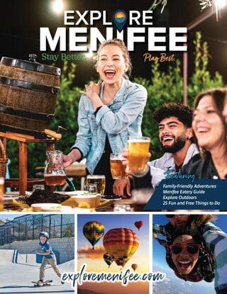 A group of people laughing at a table with drinks. Below, images of a skateboarder, hot air balloons, and a person skydiving. Text: Explore Menifee - Discover Family-Friendly Adventures.
