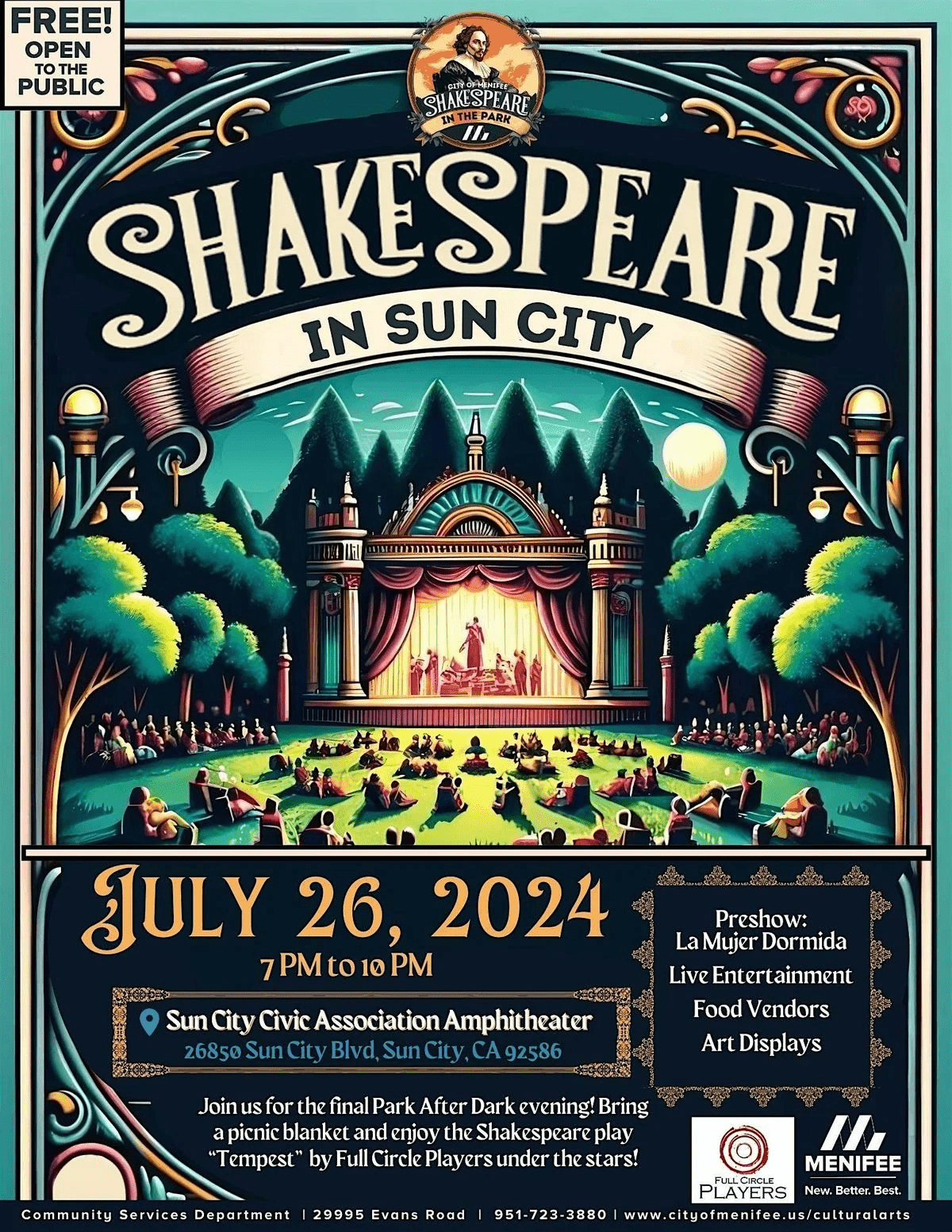 Poster for Shakespeare in Sun City event on July 26, 2024, at Sun City Civic Amphitheater. Features live entertainment, food vendors, art displays, and Tempest play. Free entry.