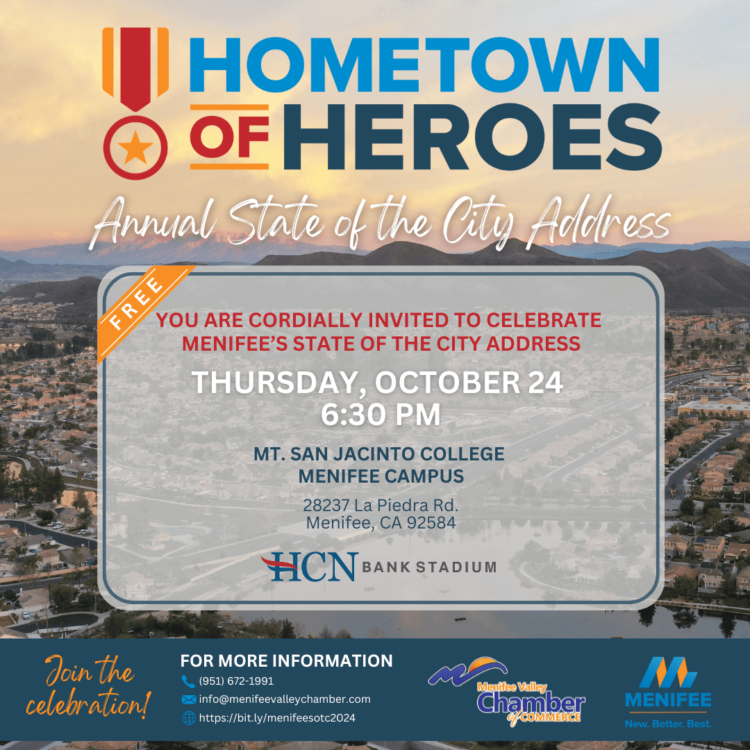 Promotional image for the Hometown of Heroes event on October 24, 6:30 PM at Mt. San Jacinto College, Menifee. Hosted by HCN Bank Stadium and local chambers. Free admission.