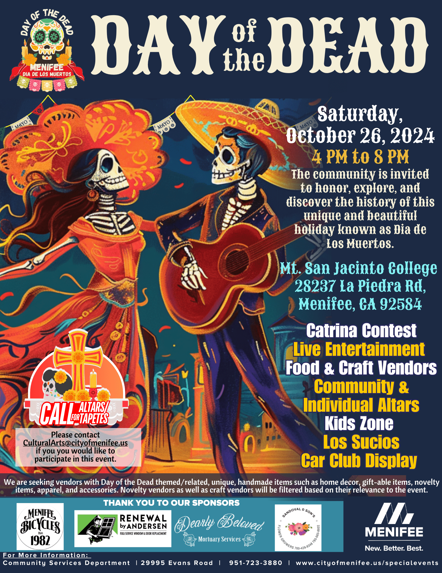 Colorful Day of the Dead event poster with skeletons in festive attire, event details, contests, and activities listed at Mt. San Jacinto College on October 26, 2024.