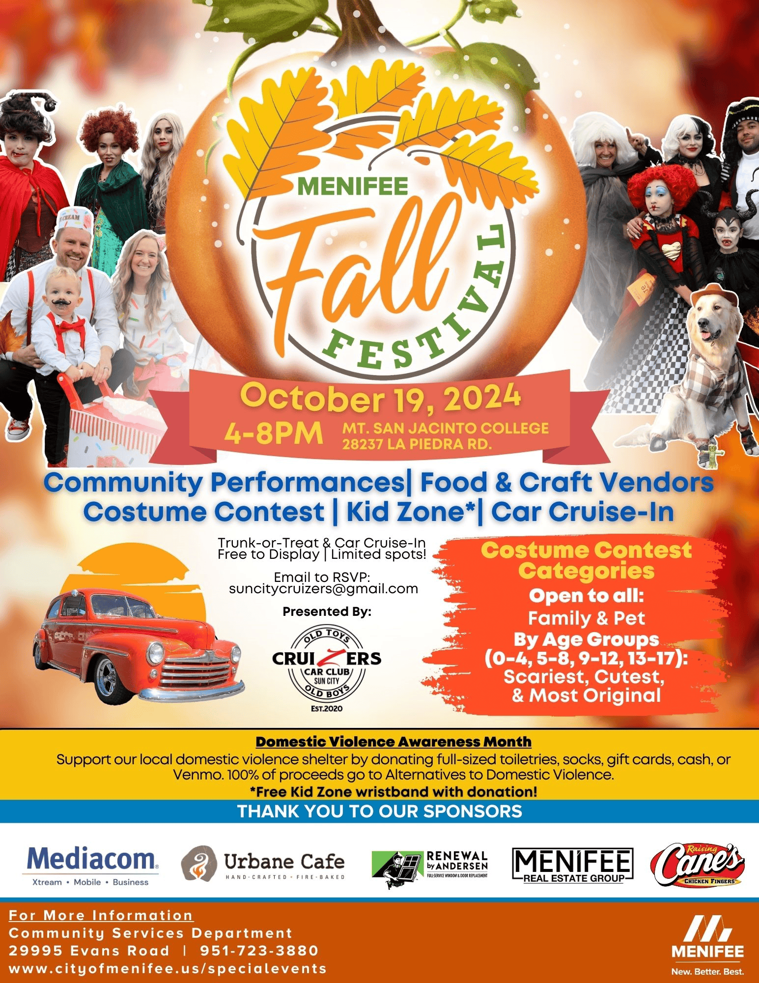 Flyer for Menifee Fall Festival on October 19, 2024, featuring community performances, food, craft vendors, costume contests, a kid zone, car cruise-in, and family activities.