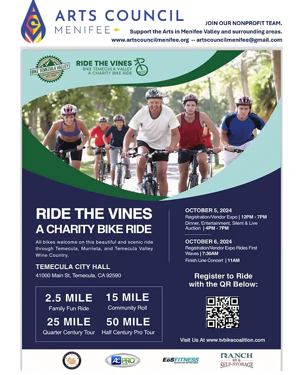 A promotional flyer for Ride the Vines, a charity bike ride in Temecula, CA, on October 5, 2024, with event info, registration details, and participant images.