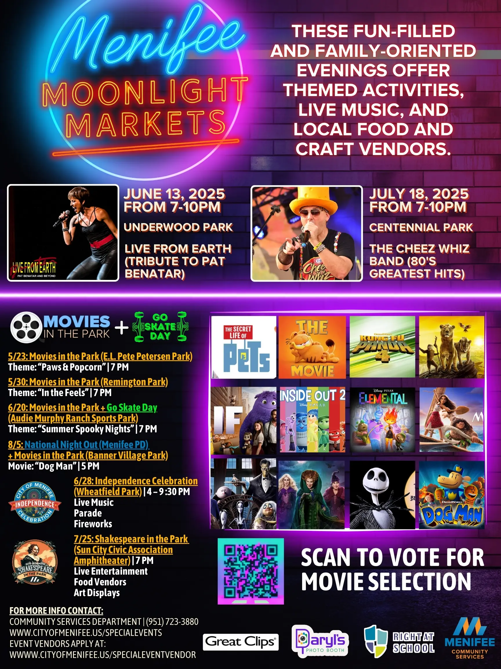 Park After Dark 2025 MMM & Movies in the Park(new sponsor) Colorful event poster for Menifee Moonlight Markets featuring dates, locations, live music, outdoor movies, vendor info, and a QR code for movie voting.