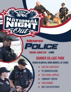National Night Out Flyer for the 2025 National Night Out event hosted by Menifee Police on August 5th at Banner Village Park, listing activities and event details.